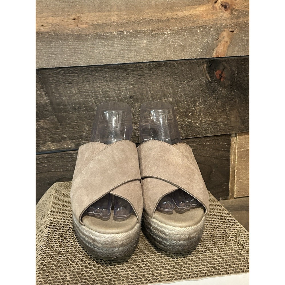 Paseart Sandals‎ 8/38 Casual Cross Strap Espadrille Wedge Slide Beige Suede